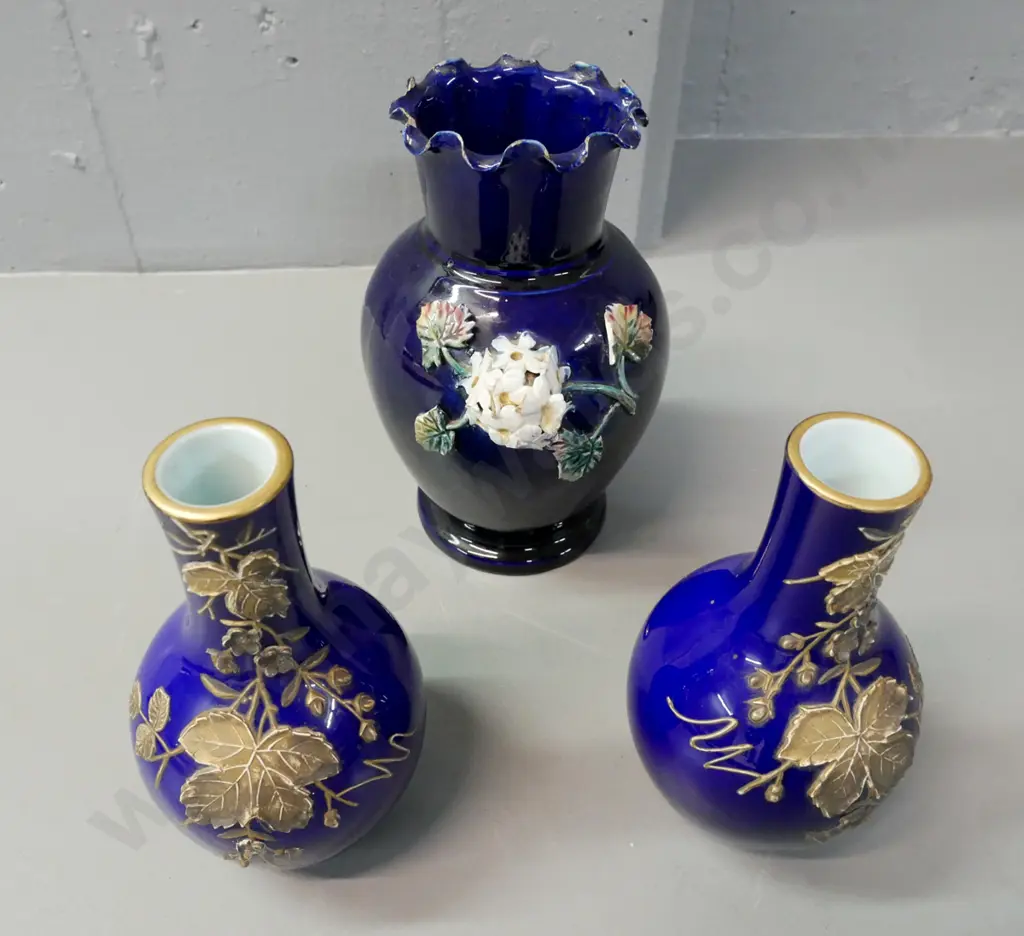 3x cobalt blue vases: 2x overlaid blue-over-white glass bottle vases with applied gold foliate decoration; Image 1++