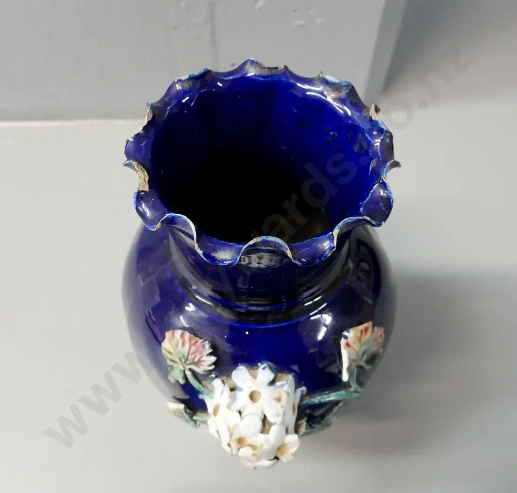 3x cobalt blue vases: 2x overlaid blue-over-white glass bottle vases with applied gold foliate decoration; Image 1++