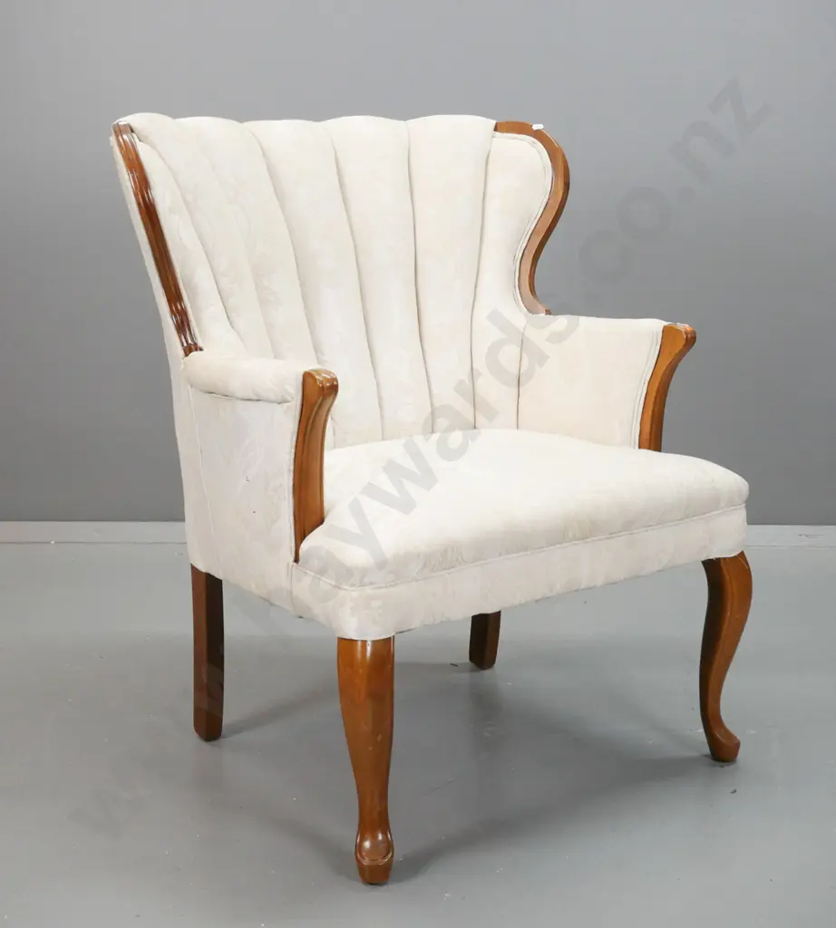 vintage upholstered beech cab-leg fan-back armchair, covered in floral damask, w/fluted back - some wear to finish on Image 1++