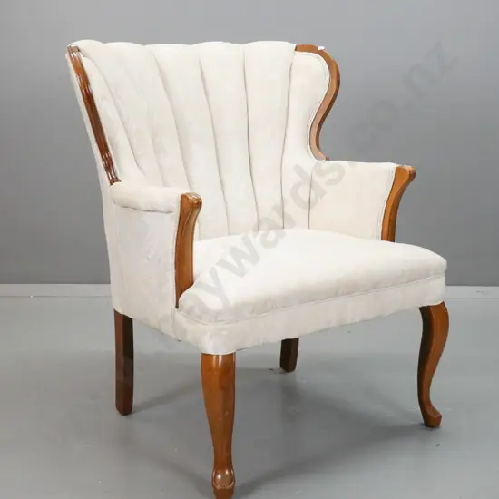 vintage upholstered beech cab-leg fan-back armchair, covered in floral damask, w/fluted back - some wear to finish on