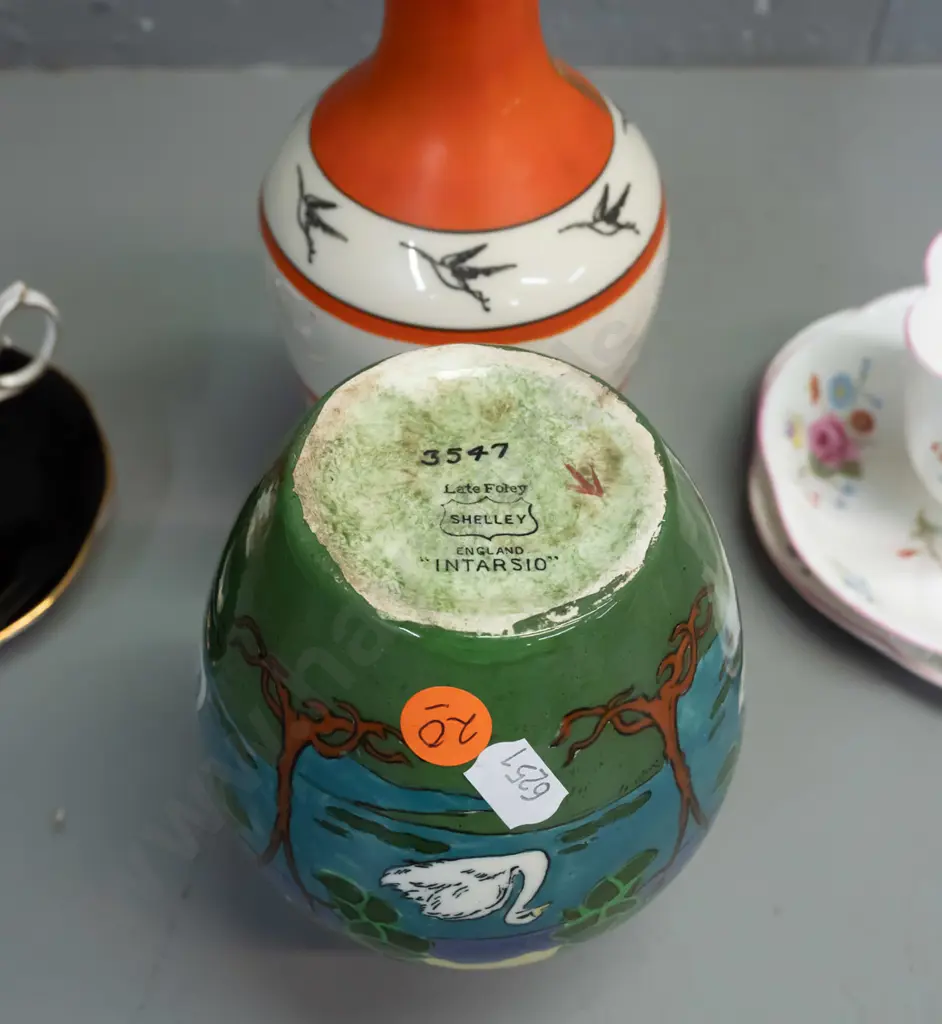vintage Shelley Intarsio vase (small chip inside rim) a vintage French "La Cigogne" ceramic bottle H210, Shelley floral Image 1++
