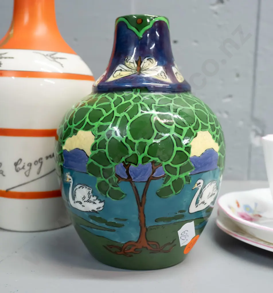 vintage Shelley Intarsio vase (small chip inside rim) a vintage French "La Cigogne" ceramic bottle H210, Shelley floral Image 1++