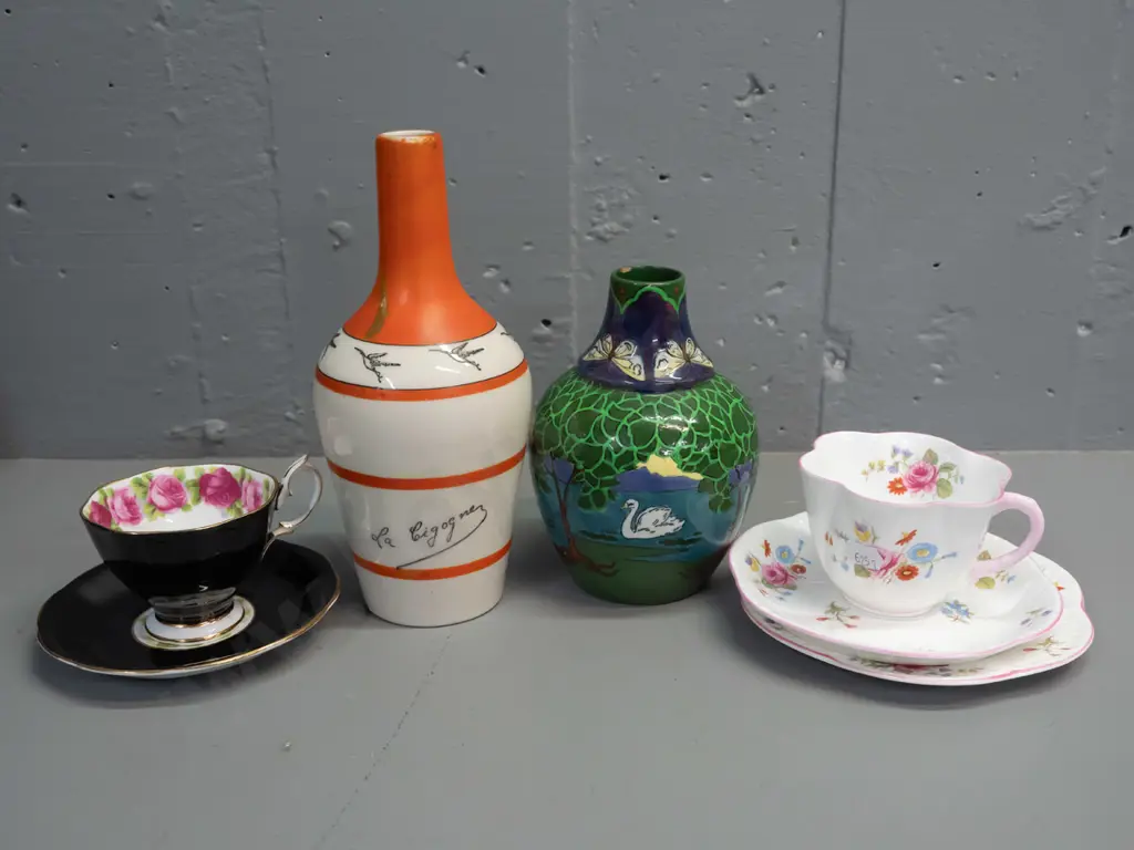 vintage Shelley Intarsio vase (small chip inside rim) a vintage French "La Cigogne" ceramic bottle H210, Shelley floral Image 1++
