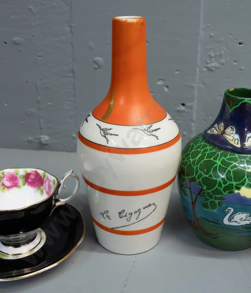 vintage Shelley Intarsio vase (small chip inside rim) a vintage French "La Cigogne" ceramic bottle H210, Shelley floral Image 1++