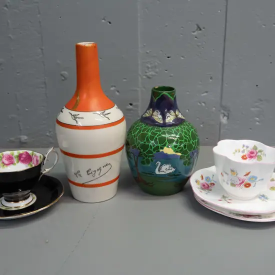 vintage Shelley Intarsio vase (small chip inside rim) a vintage French "La Cigogne" ceramic bottle H210, Shelley floral