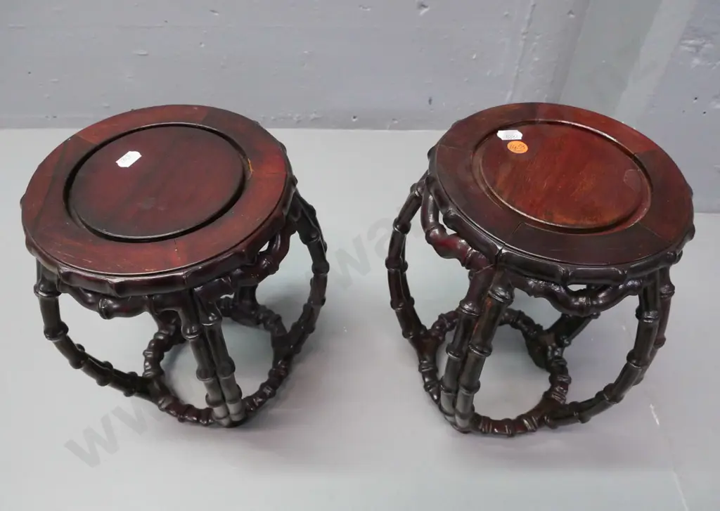 2x Chinese hardwood faux bamboo vase-stands. Some staining to top. Graduated sizes. Taller H-275 D-180 Image 1++