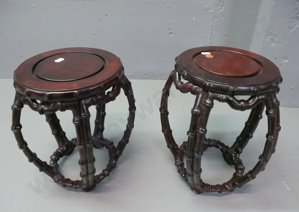 2x Chinese hardwood faux bamboo vase-stands. Some staining to top. Graduated sizes. Taller H-275 D-180 Image 1++