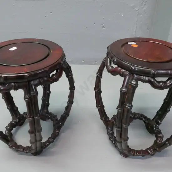 2x Chinese hardwood faux bamboo vase-stands. Some staining to top. Graduated sizes. Taller H-275 D-180