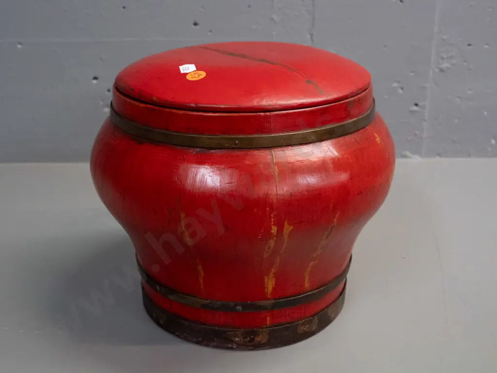 Chinese storage or food container with brass strapping and lift-off lid, stencilled flower decoration - wear to paint, Image 1++
