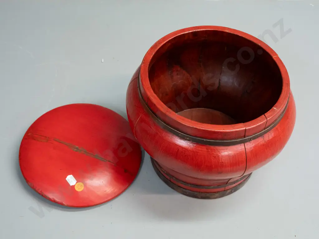 Chinese storage or food container with brass strapping and lift-off lid, stencilled flower decoration - wear to paint, Image 1++