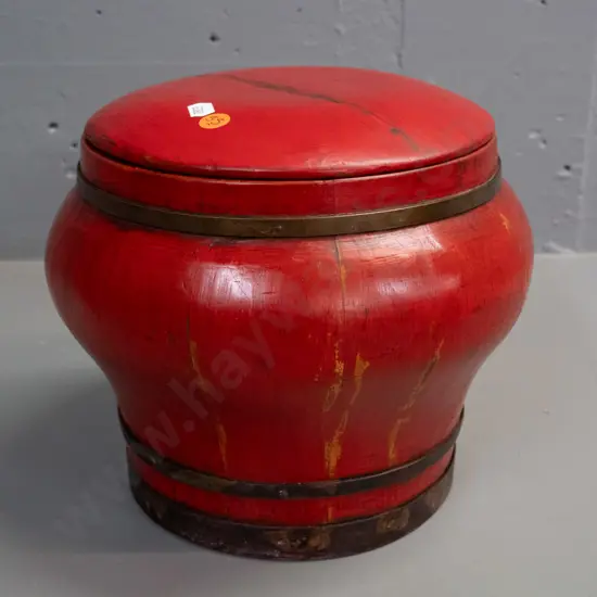 Chinese storage or food container with brass strapping and lift-off lid, stencilled flower decoration - wear to paint,