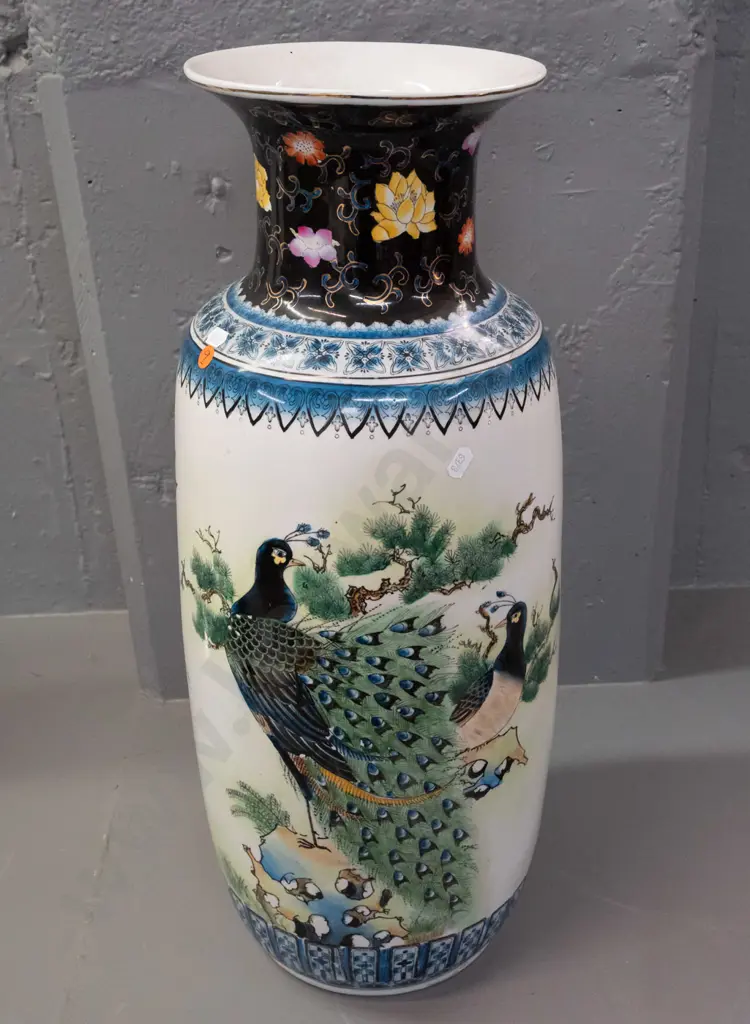 large Chinese vase with peacock, peony and birds with raised gold enamel decoration H-610 D-220 Image 1++