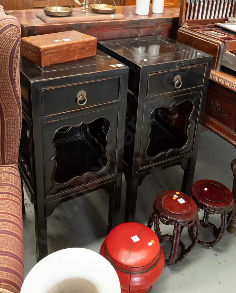 pair of 19th century Chinese elm black lacquered flower stands / tables from Shanxi with single drawer, shelf w/ shaped Image 1++