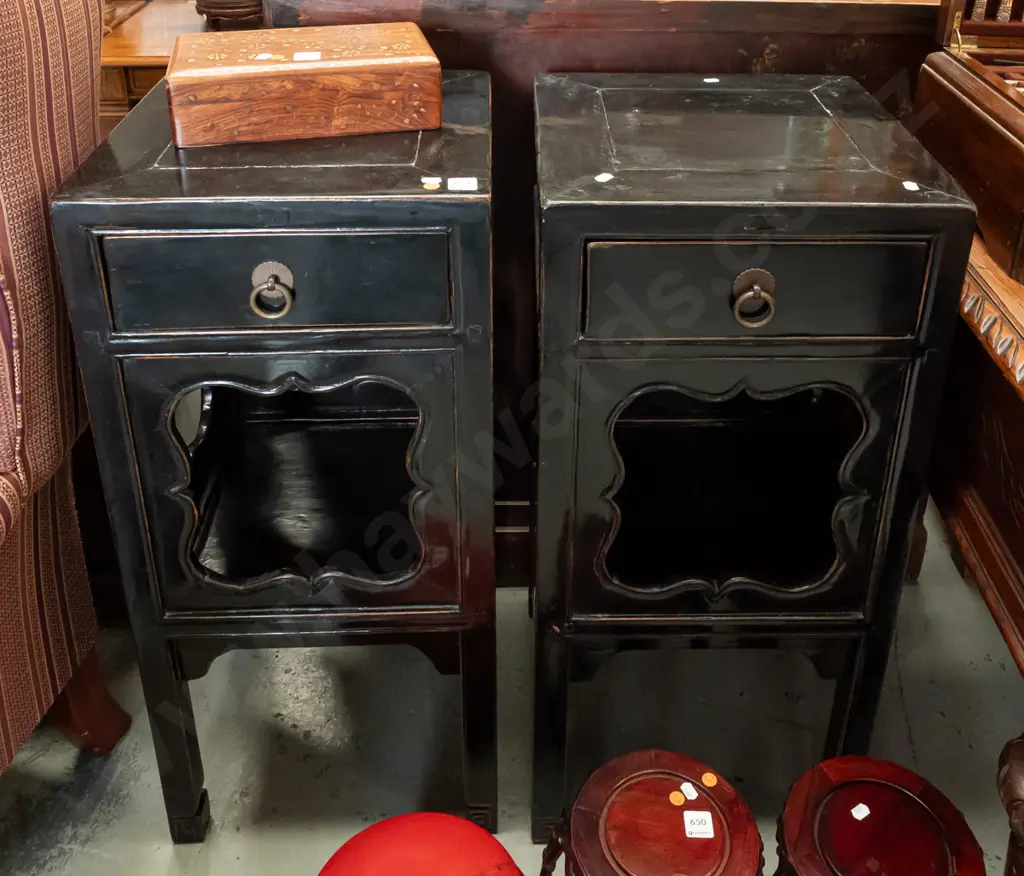 pair of 19th century Chinese elm black lacquered flower stands / tables from Shanxi with single drawer, shelf w/ shaped Image 1++