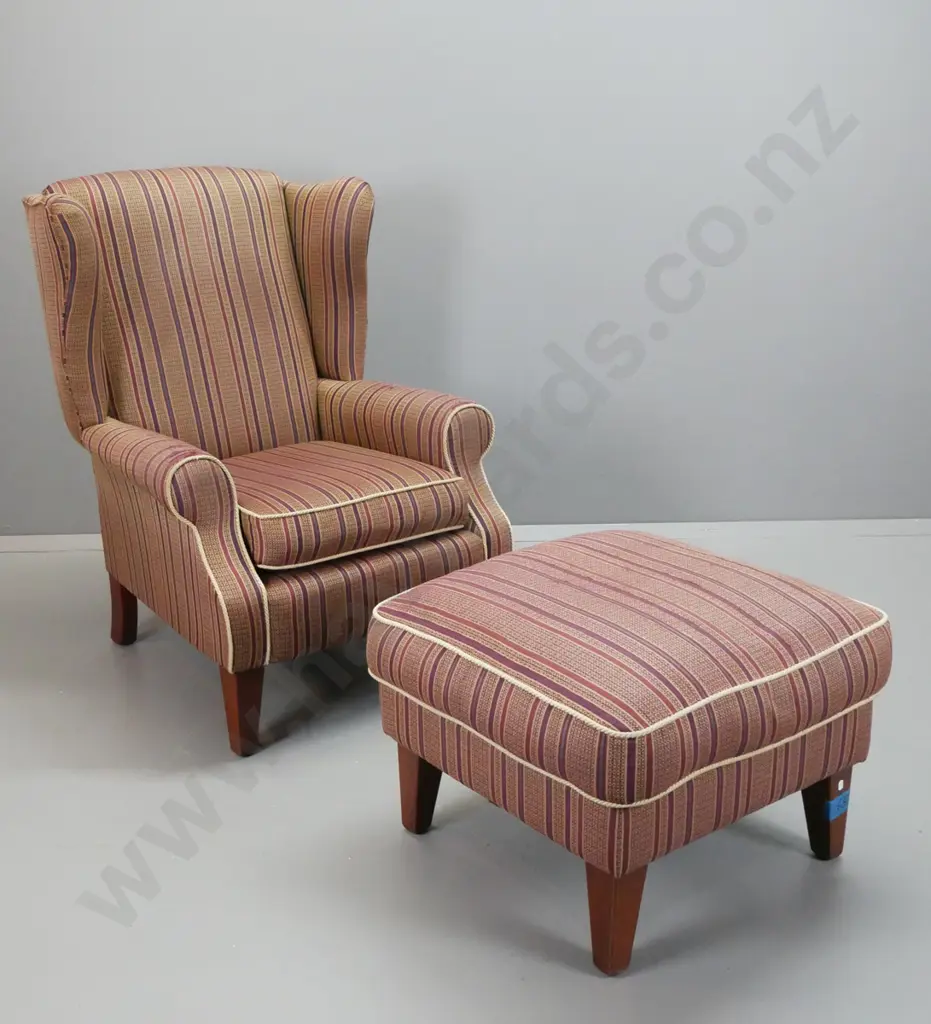 traditional style wingback rolled arm armchair with matching ottoman, woven rope edging on striped fabric upholstery. Image 1++