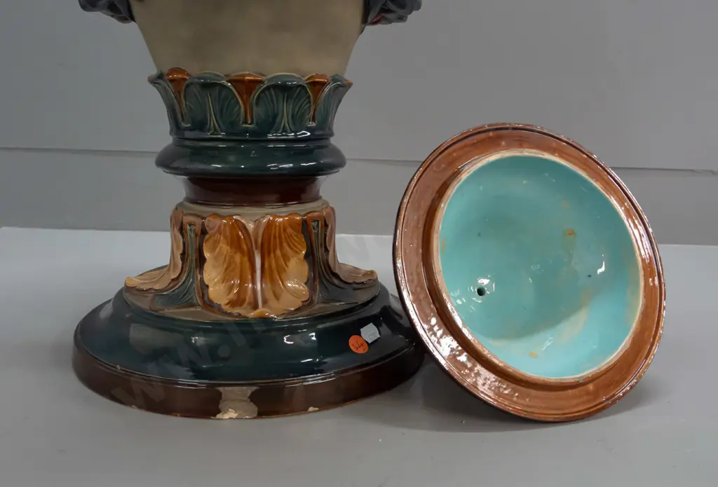 large Wilhelm Schiller & Sons Majolica lidded urn with foliate scrolling handles, acanthus leaf motifs, 2 heads, fluted Image 1++
