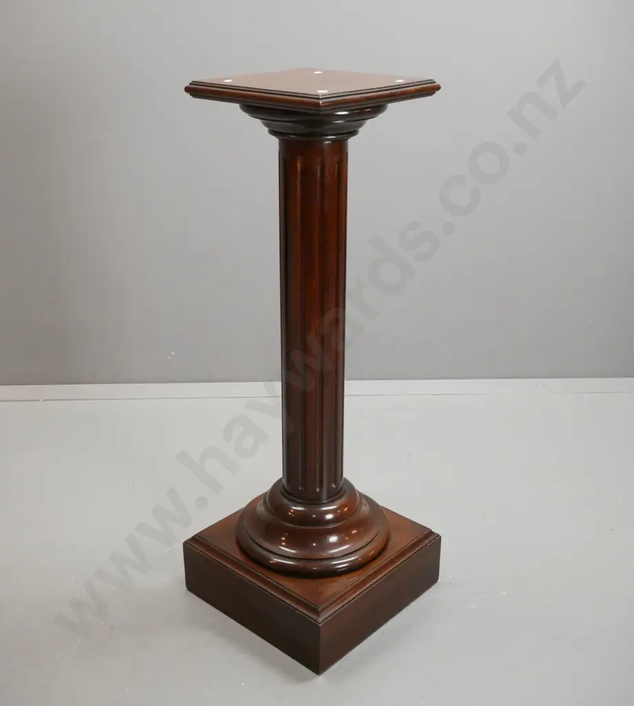 vintage dark-stained kauri plant or display stand on square box section base, turned and fluted column. Some scratches Image 1++