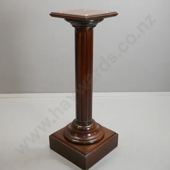 vintage dark-stained kauri plant or display stand on square box section base, turned and fluted column. Some scratches