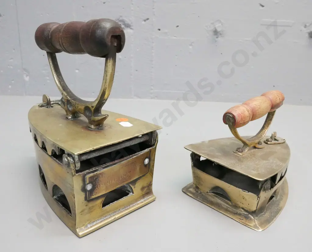 2x Chinese brass coal irons w/ turned wooden handles. 1. Kim Hiap Liong & Co. 2. Unmarked Image 1++