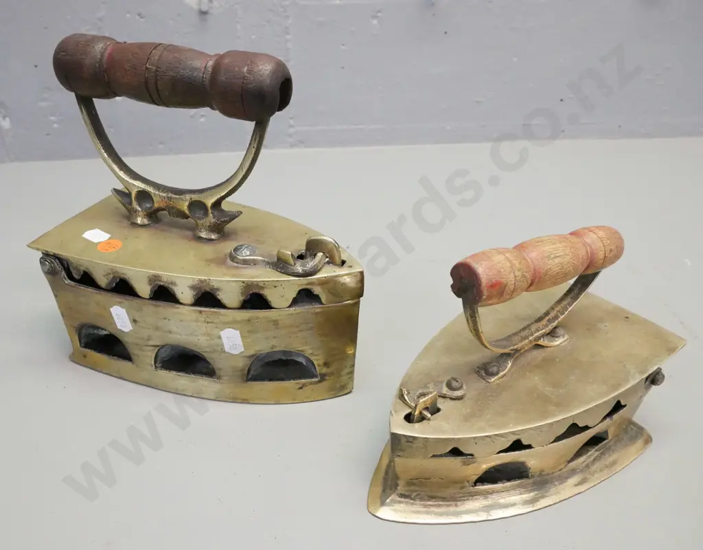 2x Chinese brass coal irons w/ turned wooden handles. 1. Kim Hiap Liong & Co. 2. Unmarked Image 1++