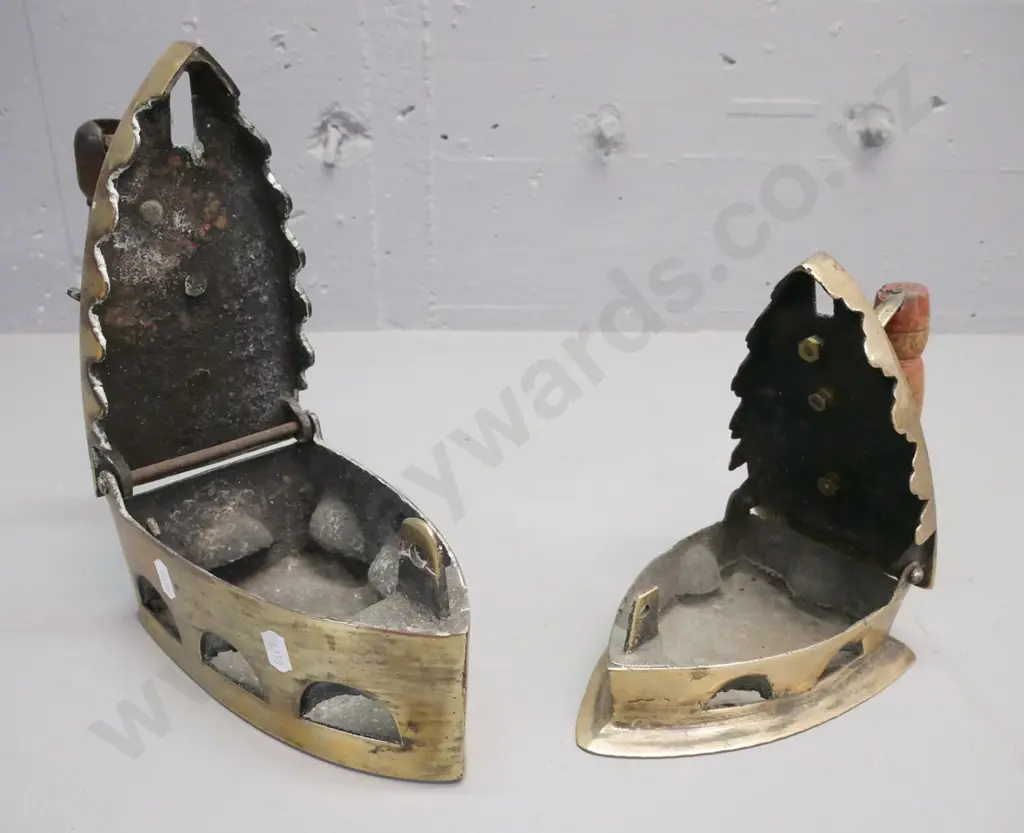 2x Chinese brass coal irons w/ turned wooden handles. 1. Kim Hiap Liong & Co. 2. Unmarked Image 1++