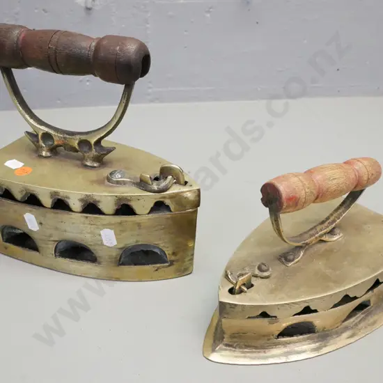 2x Chinese brass coal irons w/ turned wooden handles. 1. Kim Hiap Liong & Co. 2. Unmarked