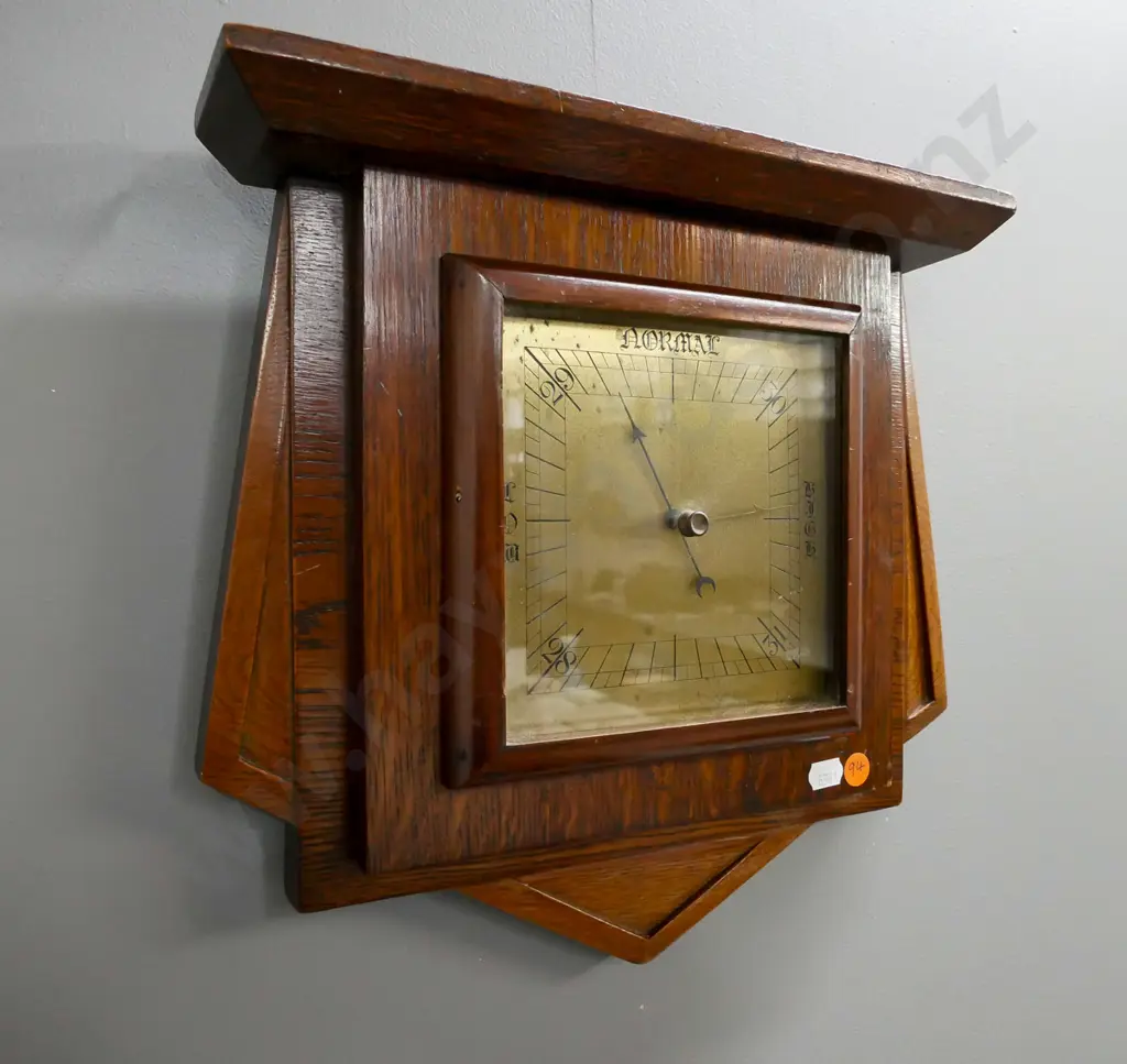 wall-hanging Art Deco oak-cased barometer. Brass face. Some surface wear. H-320, W-320 Image 1++