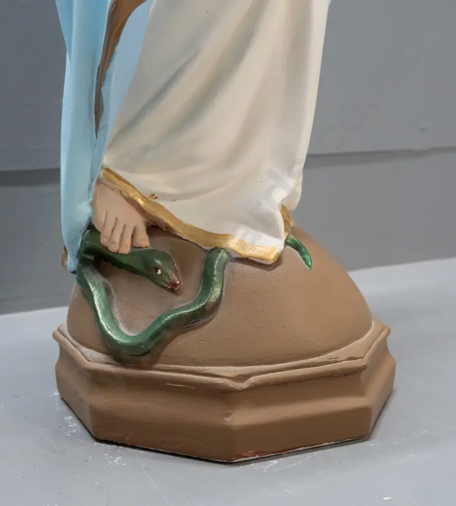 painted plaster religious figure - Mary stepping on a serpent - some chipping around base. H-660 W-280 Image 1++