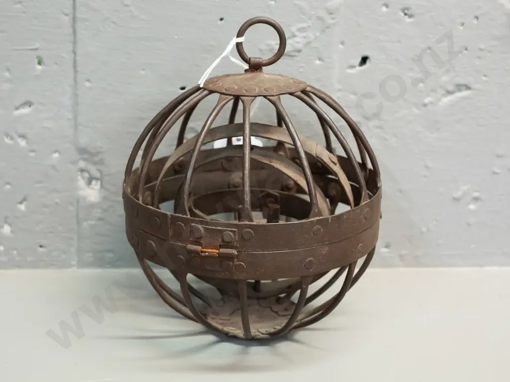 small metal hanging lamp with gimbal mount oil lamp fitting inside globe shaped cage - overall corrosion D-145 Image 1++