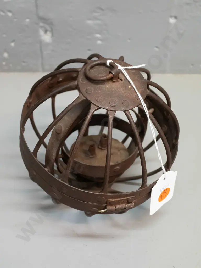 small metal hanging lamp with gimbal mount oil lamp fitting inside globe shaped cage - overall corrosion D-145 Image 1++