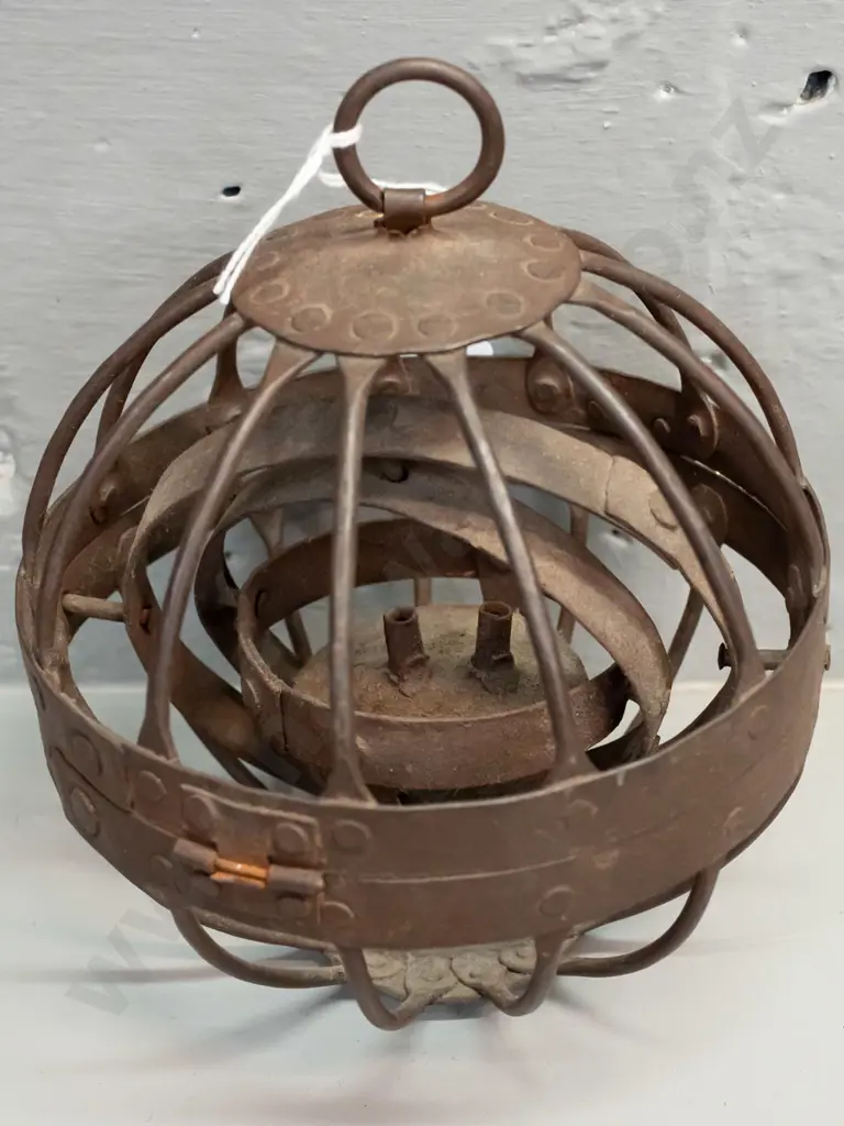 small metal hanging lamp with gimbal mount oil lamp fitting inside globe shaped cage - overall corrosion D-145 Image 1++