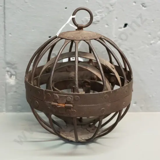 small metal hanging lamp with gimbal mount oil lamp fitting inside globe shaped cage - overall corrosion D-145