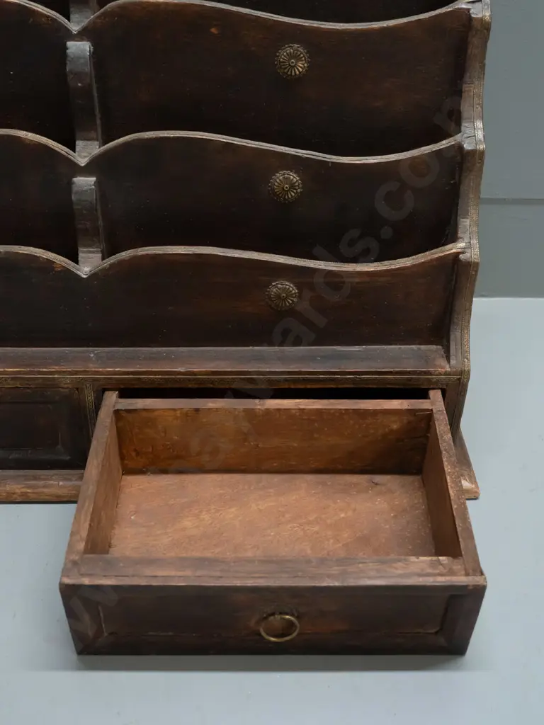 vintage timber stationery / letter rack w/ 2 drawers, brass bosses, pressed brass edging along dividers, ring handles Image 1++