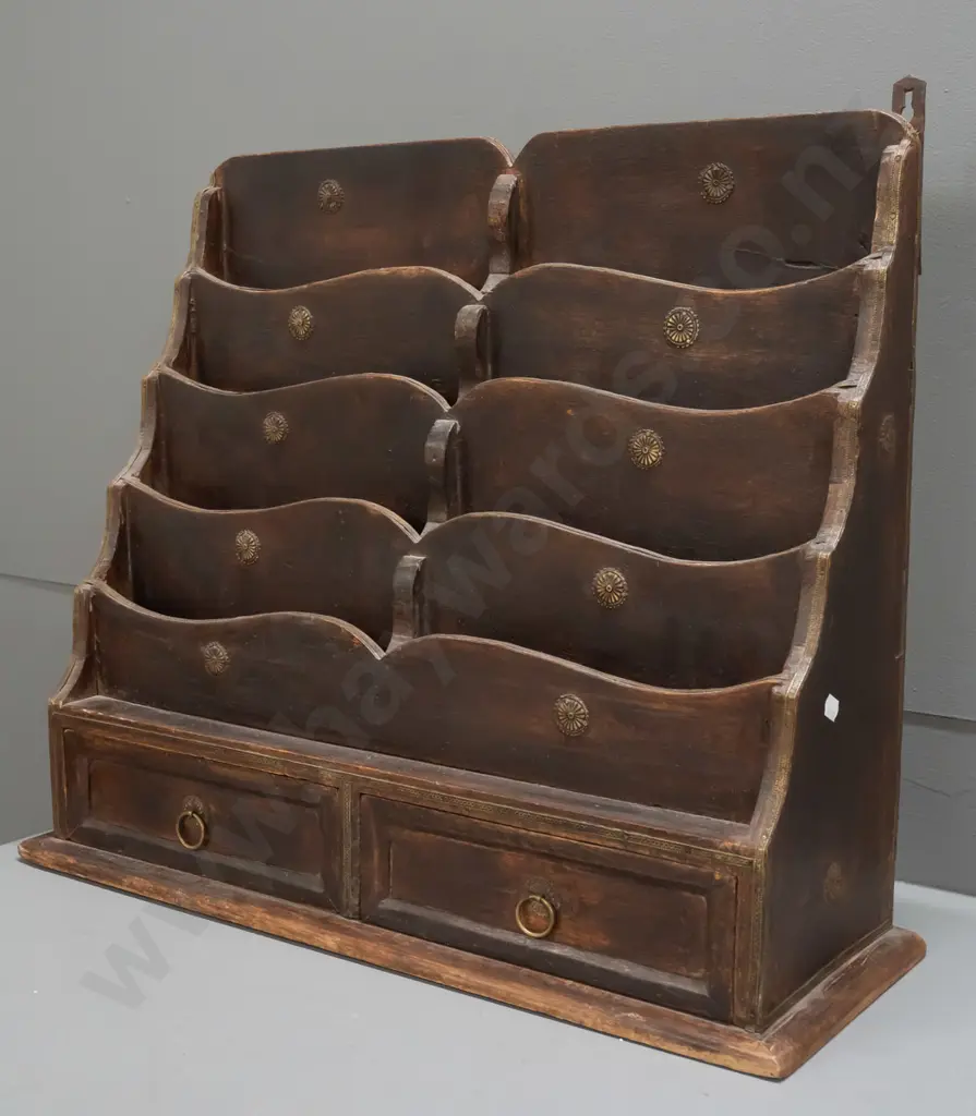 vintage timber stationery / letter rack w/ 2 drawers, brass bosses, pressed brass edging along dividers, ring handles Image 1++