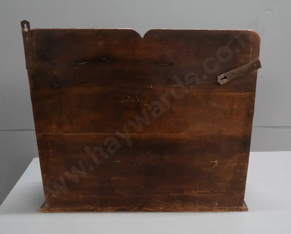 vintage timber stationery / letter rack w/ 2 drawers, brass bosses, pressed brass edging along dividers, ring handles Image 1++