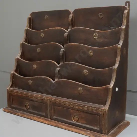 vintage timber stationery / letter rack w/ 2 drawers, brass bosses, pressed brass edging along dividers, ring handles