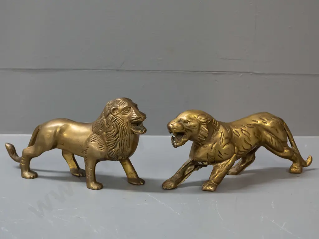 2 cast brass figures - lion H-110 L-200 and tiger Image 1++