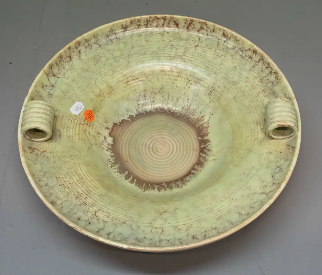vintage Beswick float bowl with tubular ribbed handles, mottled green and brown glaze H-80 D-300 Image 1++