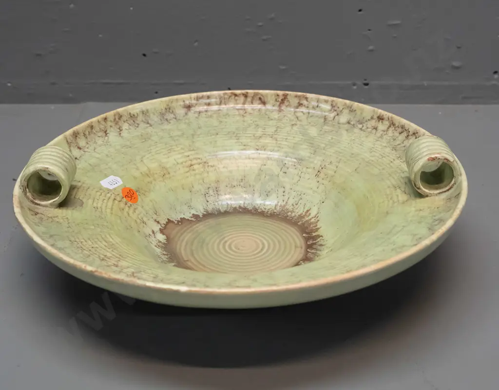 vintage Beswick float bowl with tubular ribbed handles, mottled green and brown glaze H-80 D-300 Image 1++