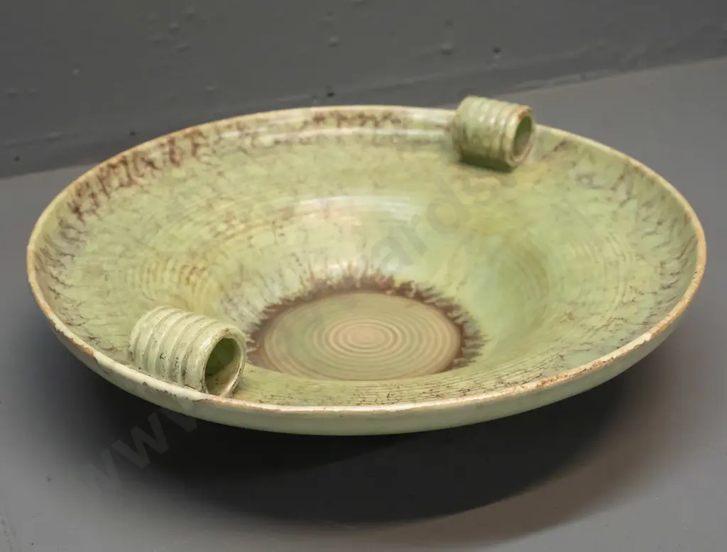 vintage Beswick float bowl with tubular ribbed handles, mottled green and brown glaze H-80 D-300 Image 1++
