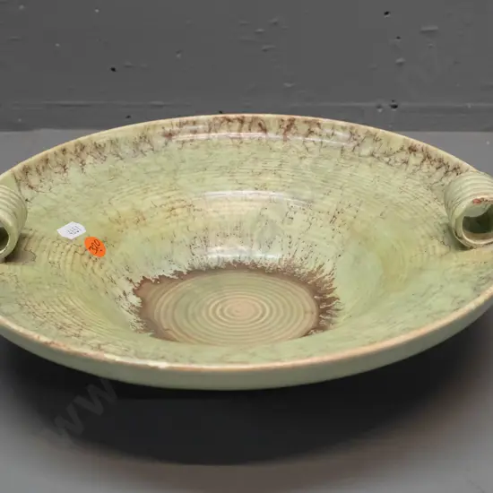 vintage Beswick float bowl with tubular ribbed handles, mottled green and brown glaze H-80 D-300