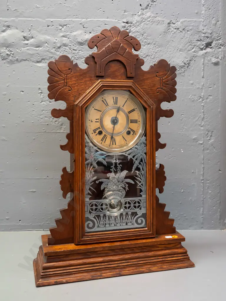 vintage Ansonia New York oak-cased chiming mantel clock with etched glass panel, chrome and paper, is going face Image 1++