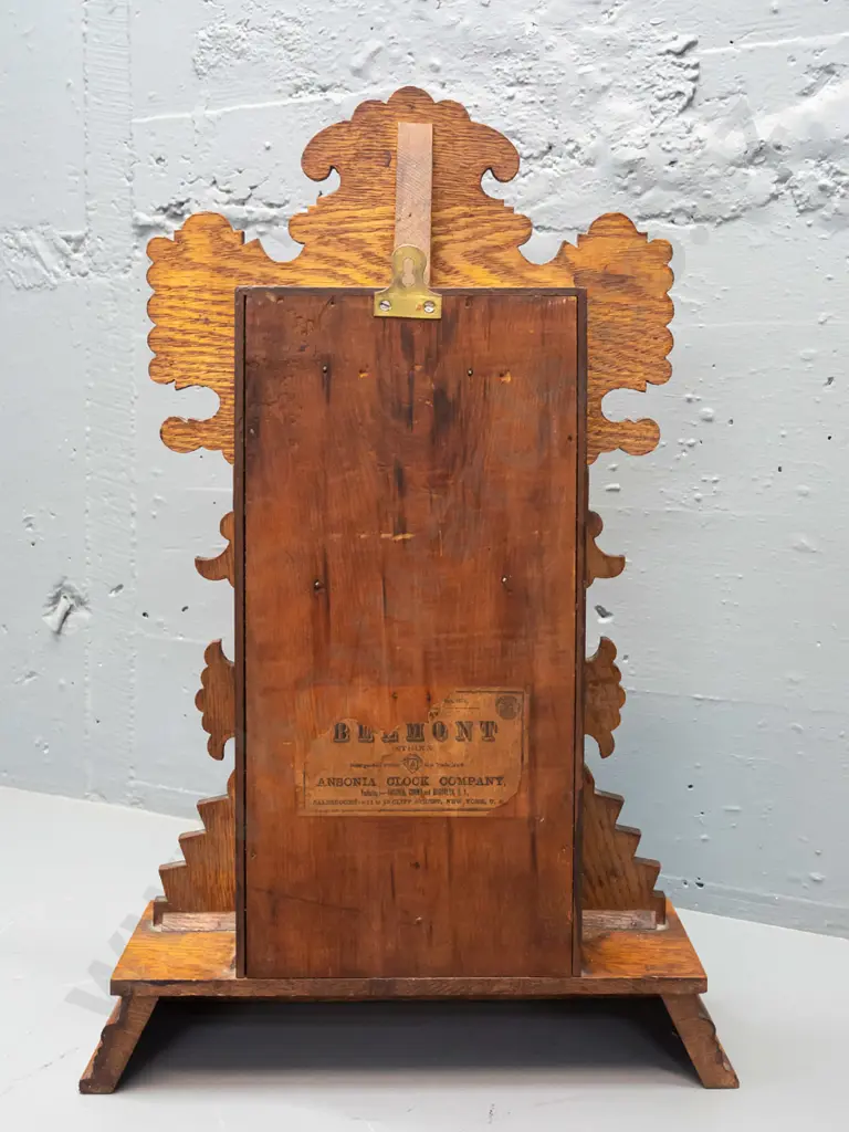 vintage Ansonia New York oak-cased chiming mantel clock with etched glass panel, chrome and paper, is going face Image 1++