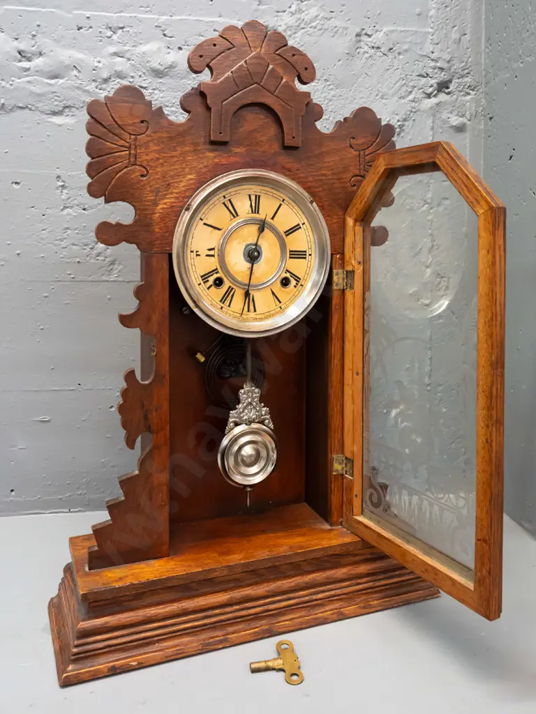 vintage Ansonia New York oak-cased chiming mantel clock with etched glass panel, chrome and paper, is going face Image 1++