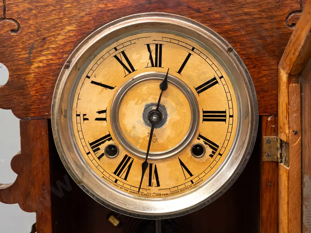 vintage Ansonia New York oak-cased chiming mantel clock with etched glass panel, chrome and paper, is going face Image 1++