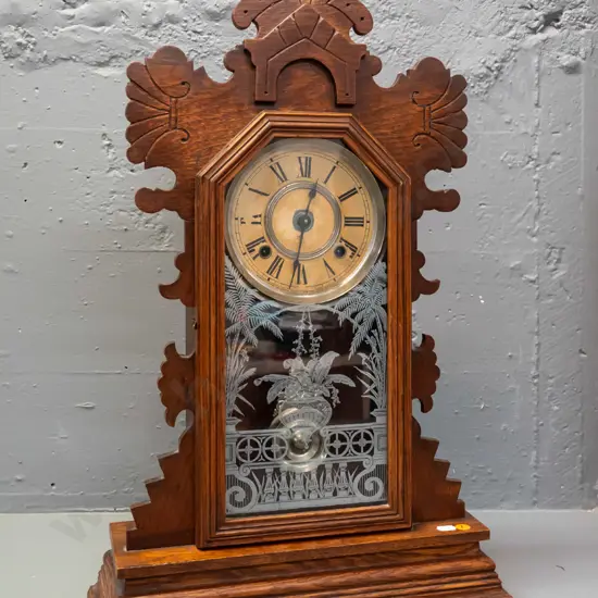 vintage Ansonia New York oak-cased chiming mantel clock with etched glass panel, chrome and paper, is going face