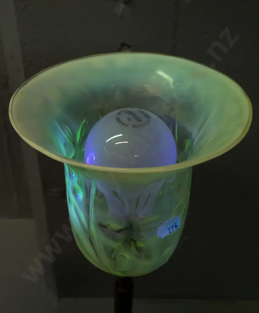 vintage copper lamp base with moulded flower motif uranium glass light shade - corrosion to plug but it is working H480 Image 1++