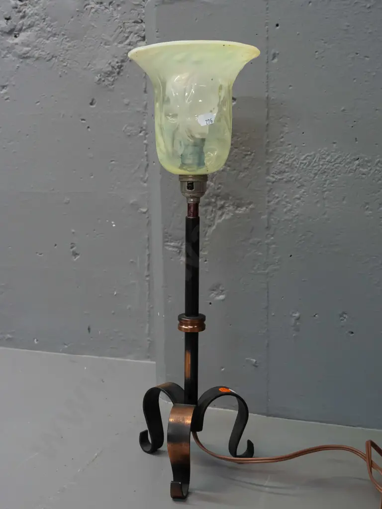 vintage copper lamp base with moulded flower motif uranium glass light shade - corrosion to plug but it is working H480 Image 1++