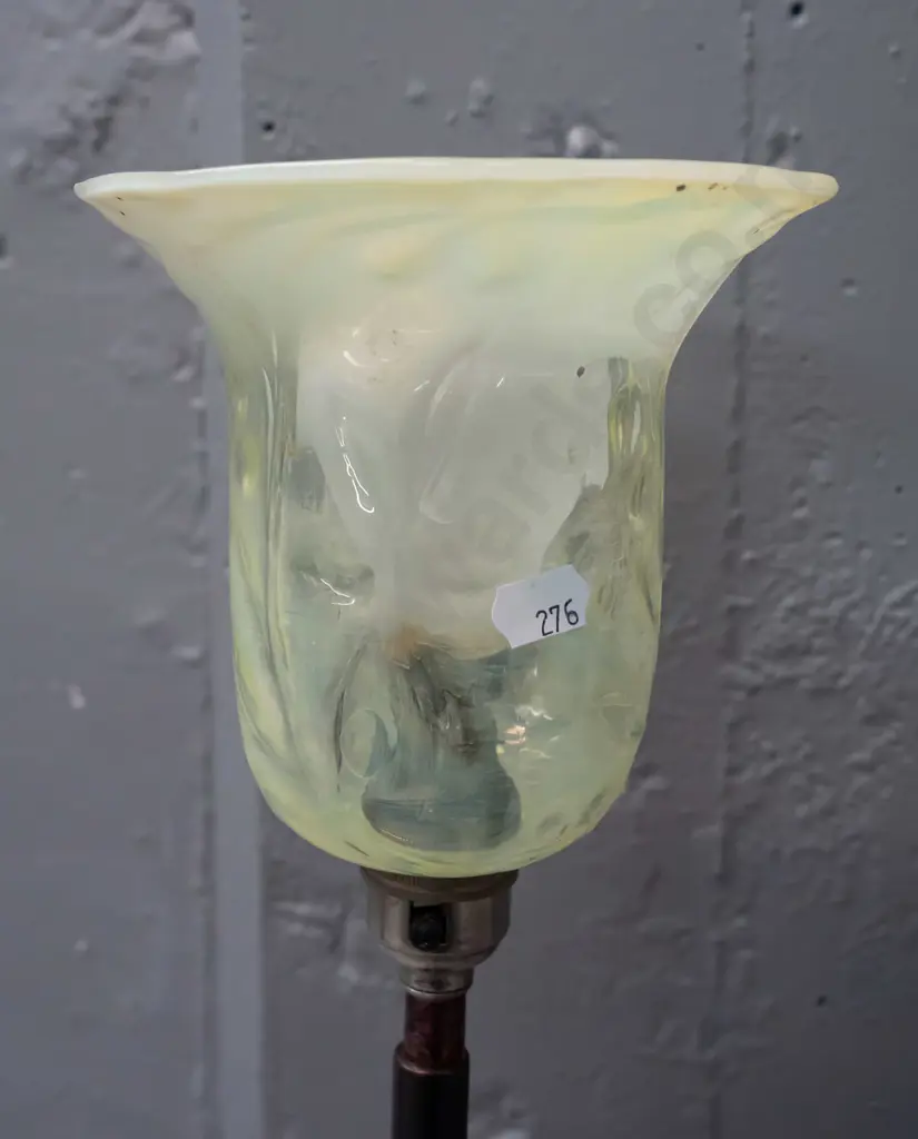 vintage copper lamp base with moulded flower motif uranium glass light shade - corrosion to plug but it is working H480 Image 1++