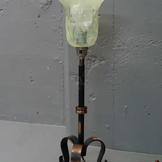 vintage copper lamp base with moulded flower motif uranium glass light shade - corrosion to plug but it is working H480